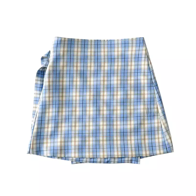 American retro niche blue plaid high waisted irregular diagonal skirt BY9132