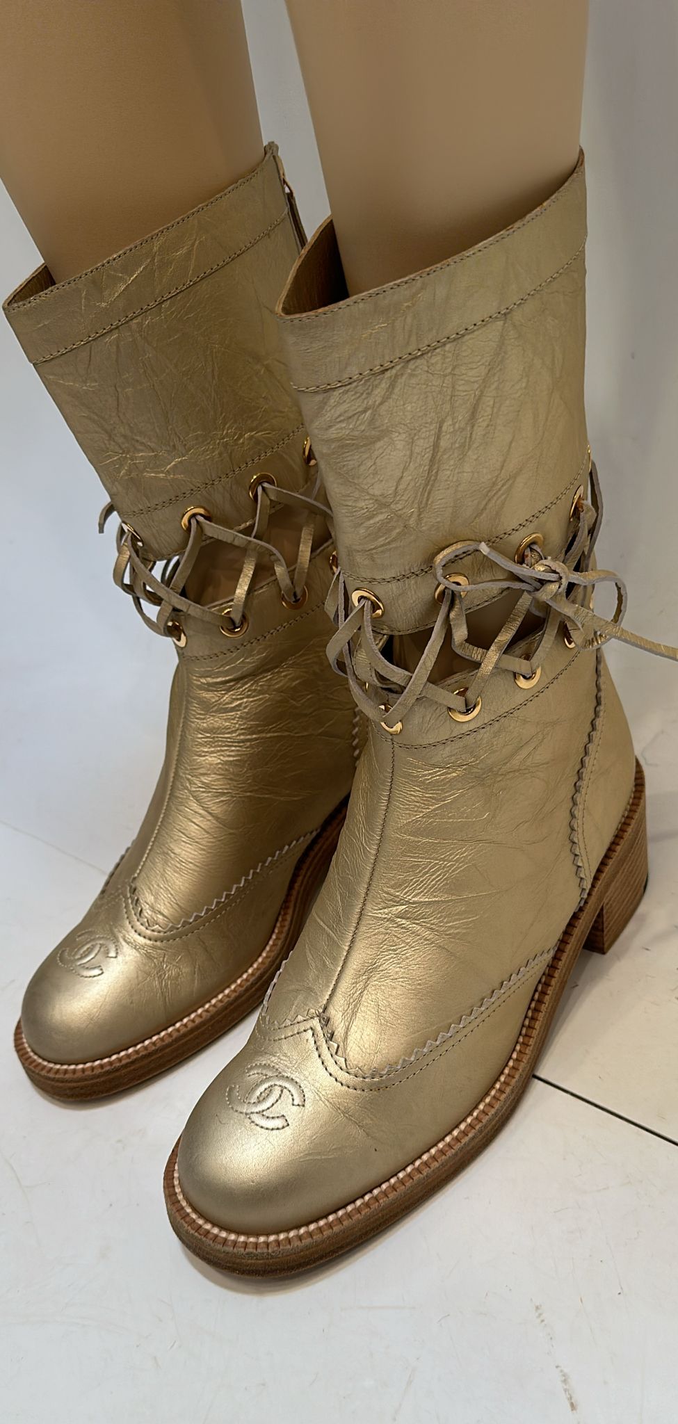 Chanel 16A Runway Gold Metallic Biker Boots EU 39.5 US 9/9.5