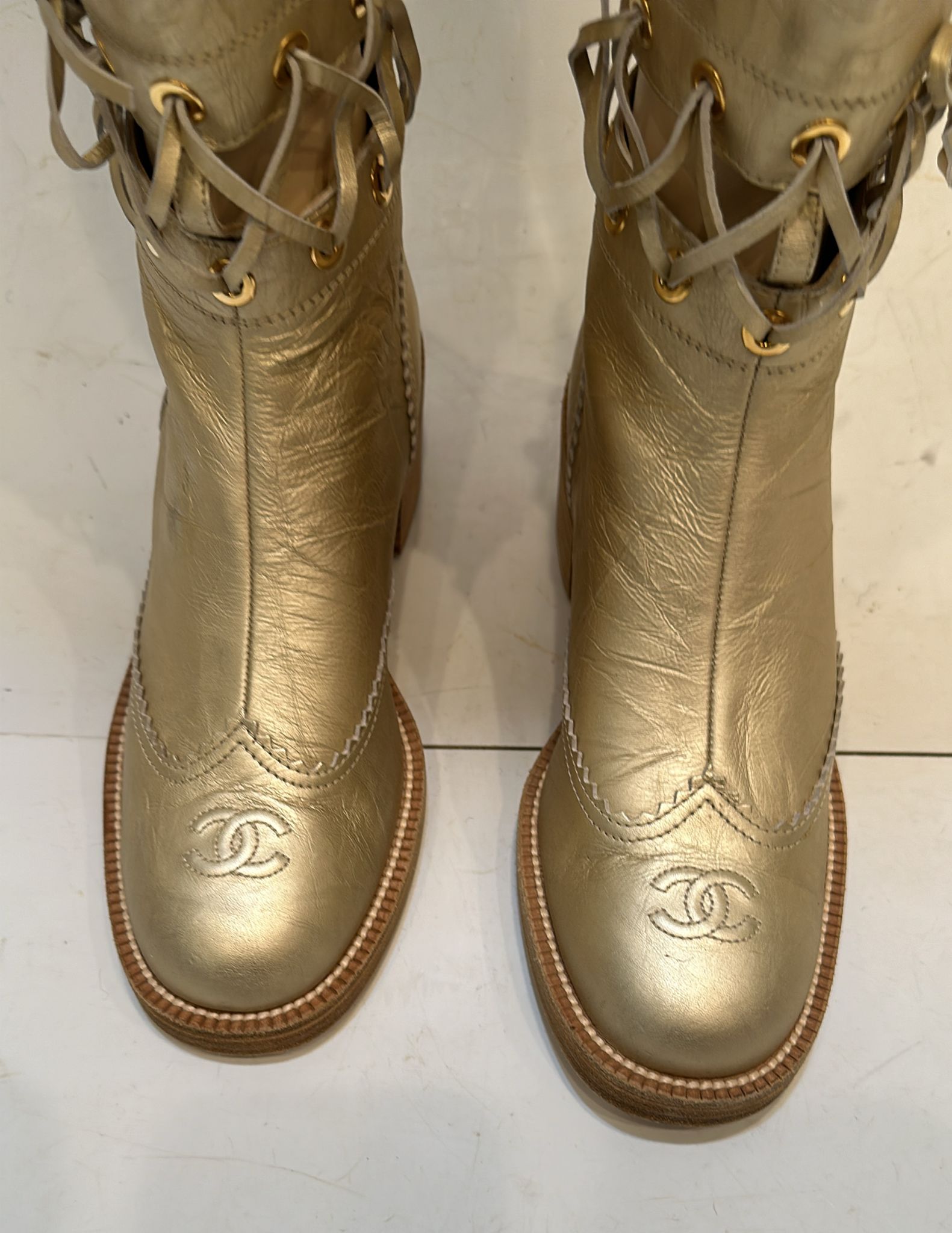 Chanel 16A Runway Gold Metallic Biker Boots EU 39.5 US 9/9.5