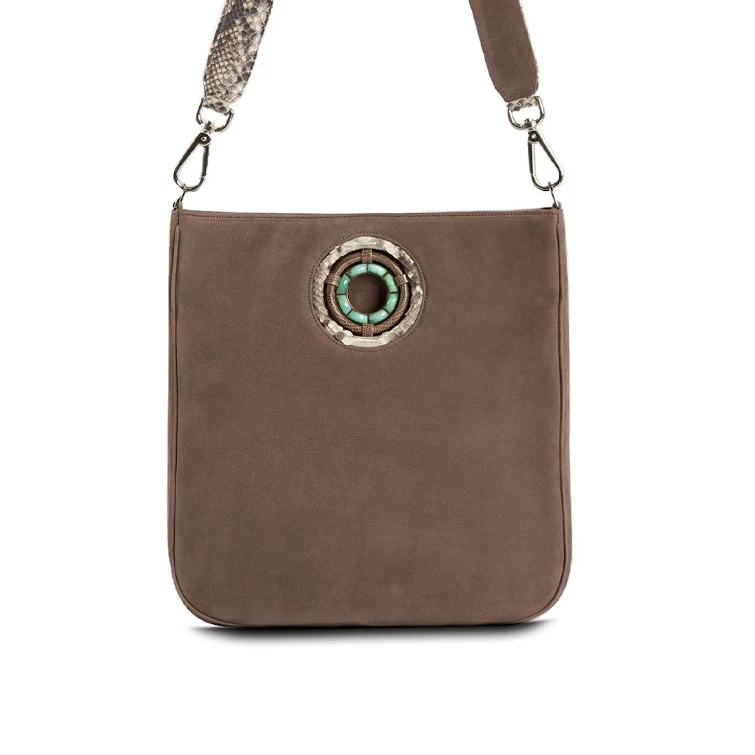 Cloe Jeweled Crossbody Tote - Light Brown Suede, Chrysoprase