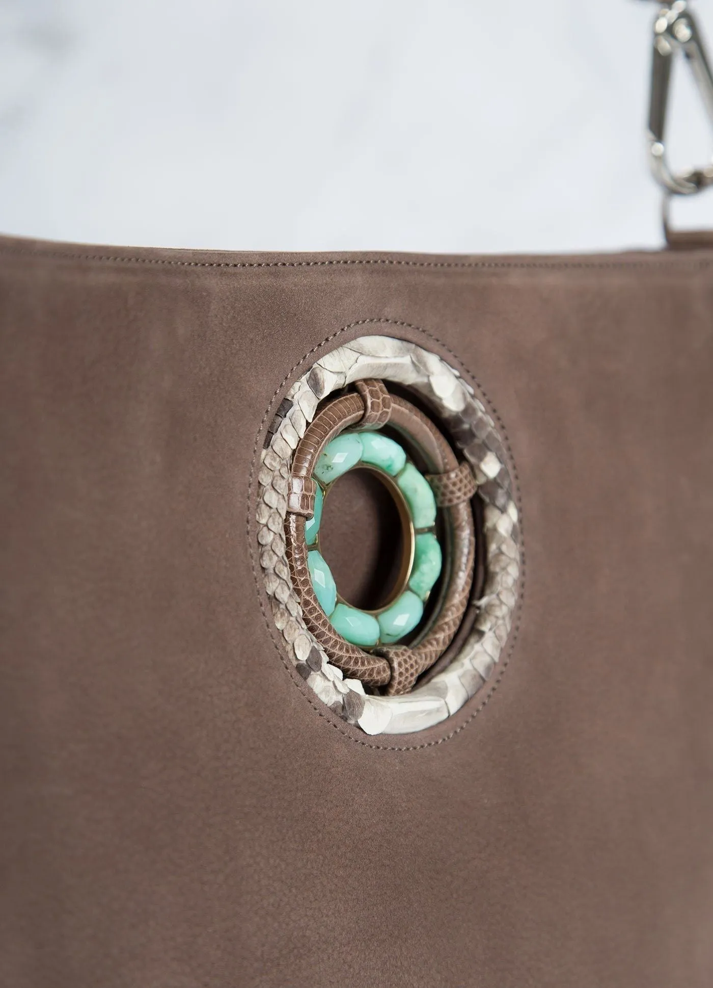 Cloe Jeweled Crossbody Tote - Light Brown Suede, Chrysoprase