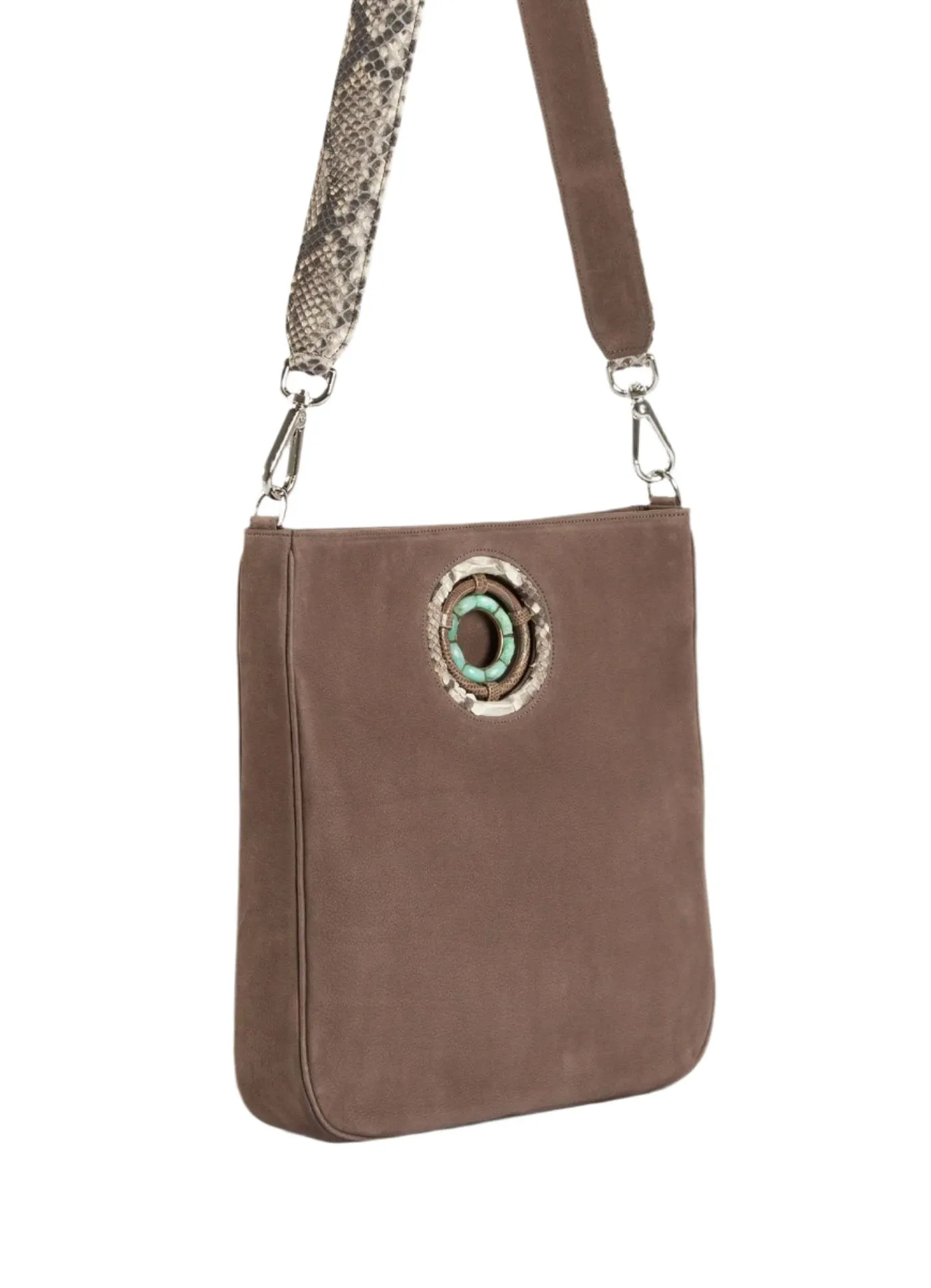 Cloe Jeweled Crossbody Tote - Light Brown Suede, Chrysoprase