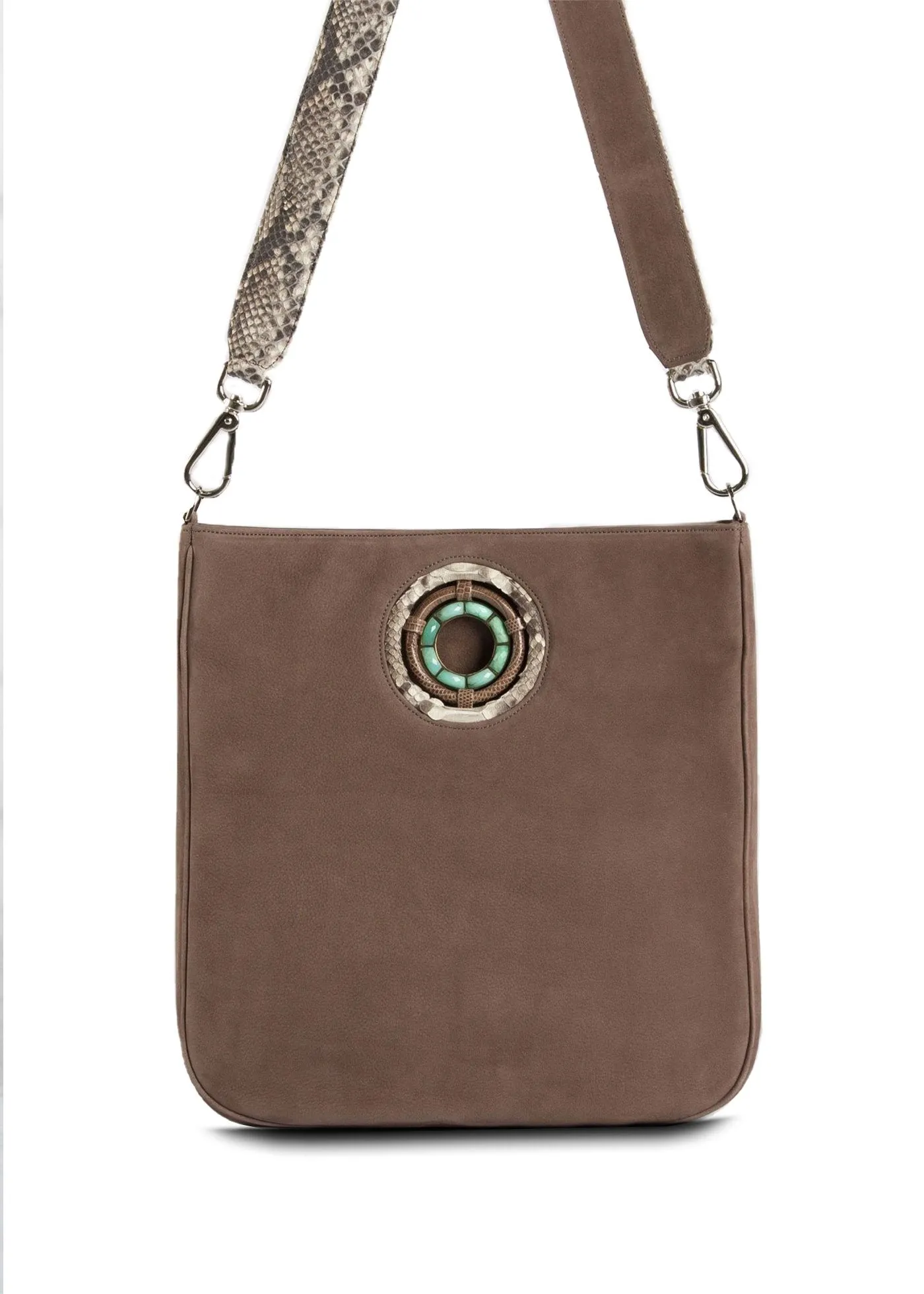 Cloe Jeweled Crossbody Tote - Light Brown Suede, Chrysoprase