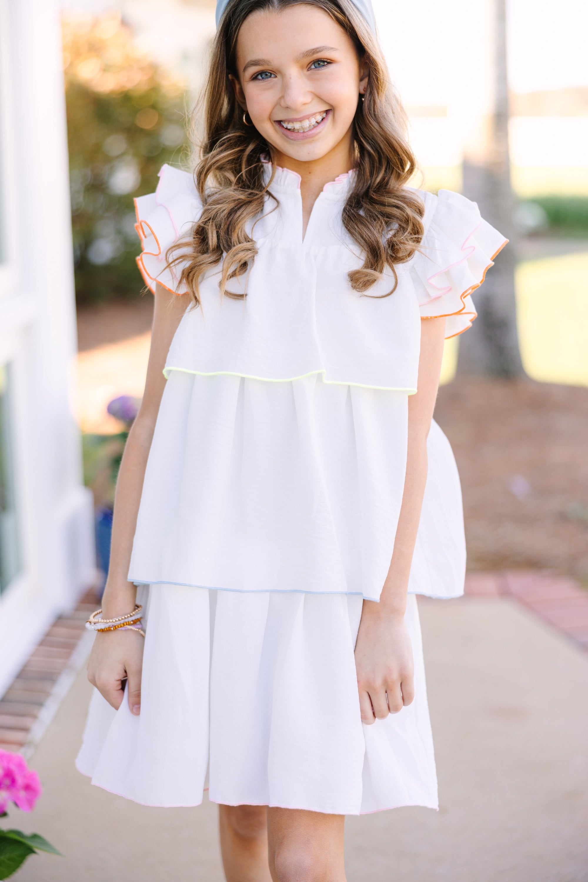 Girls: Always Cute White Colorblock Trim Ruffle Dress