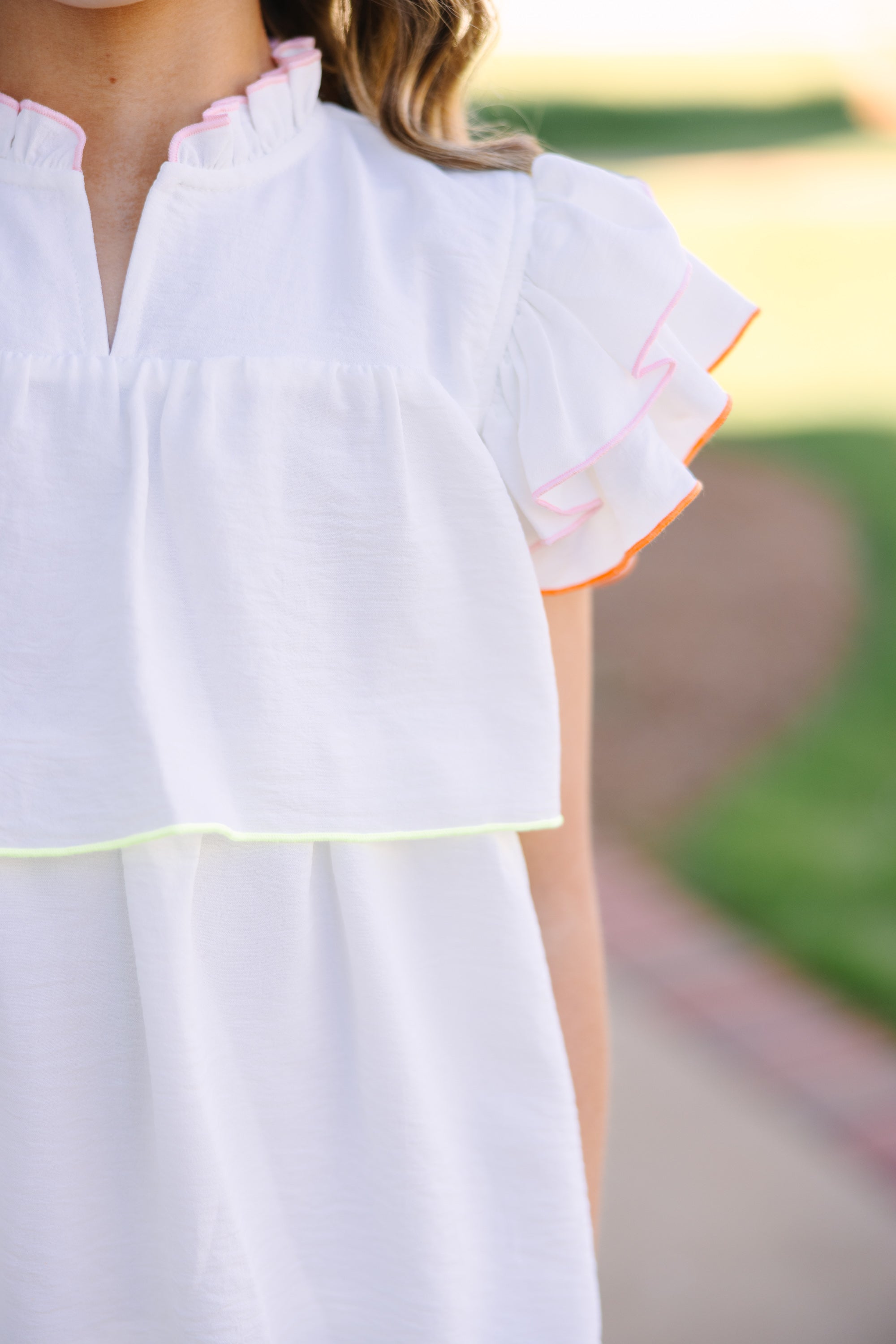 Girls: Always Cute White Colorblock Trim Ruffle Dress