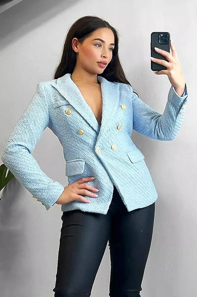 Gold Military Buttons Boucle Double Breasted Blazer