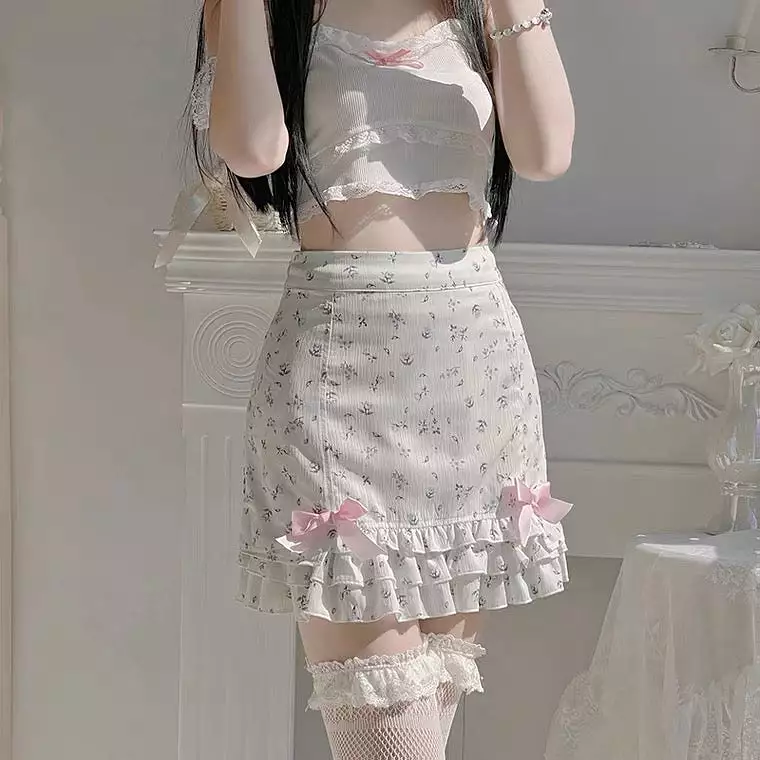 Ins sweet floral lace bow skirt BY2016