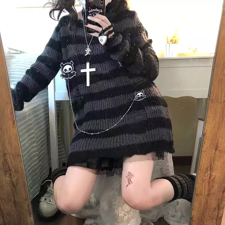 JAPANESE CUTE PUNK STRIPE KNIT SWEATER & SKIRT BY90031