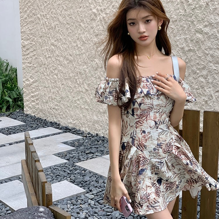 Leaves Pattern Off-Shoulder Dress