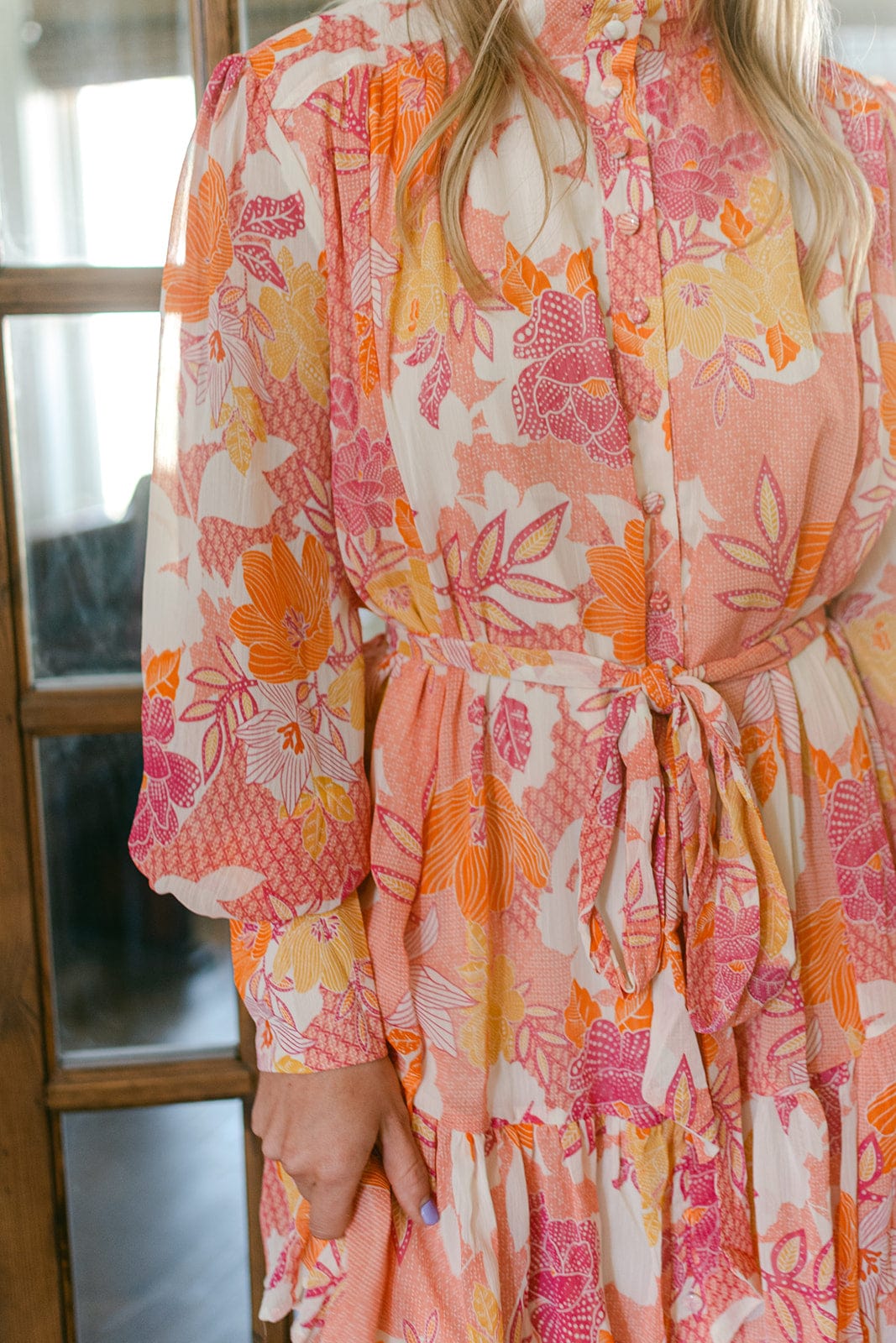 Pink Floral Tie Waist Ruffle Dress