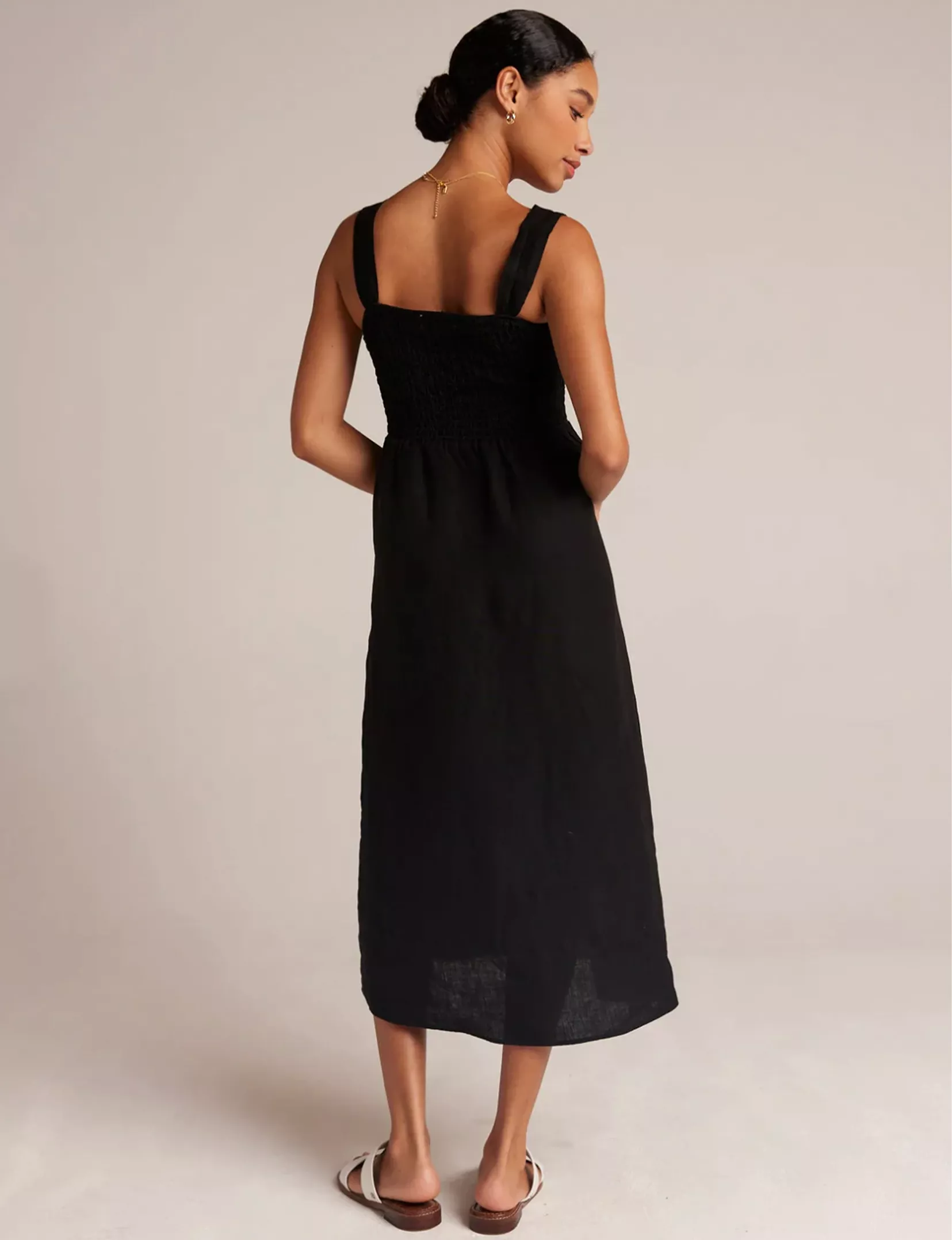 Smocked Bodice Midi Dress, Black