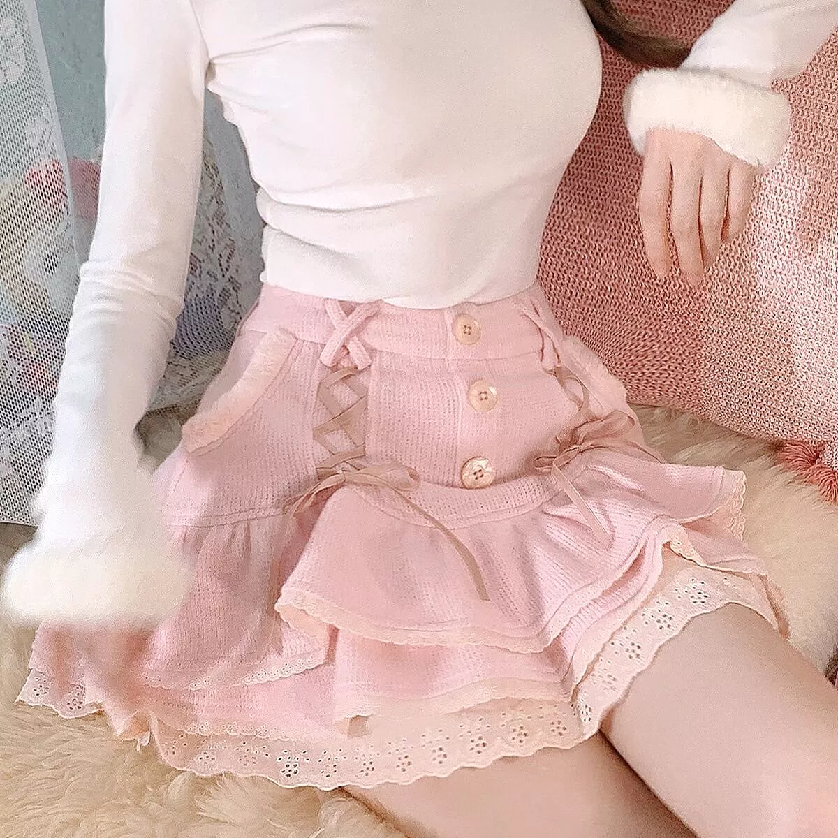 Sweet baby pink lace cake skirt BY5255