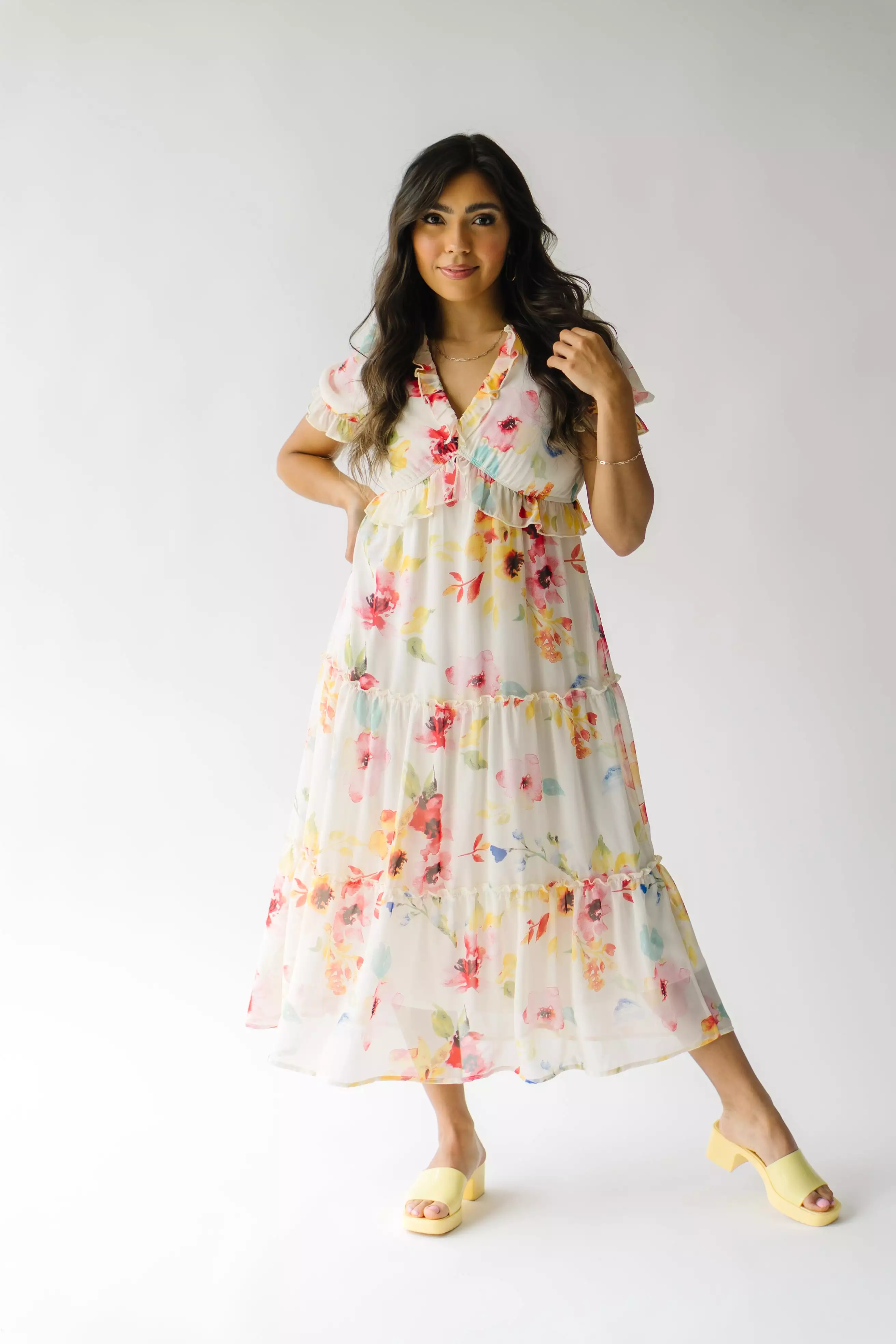 The Brom Floral Ruffle Dress in Ivory