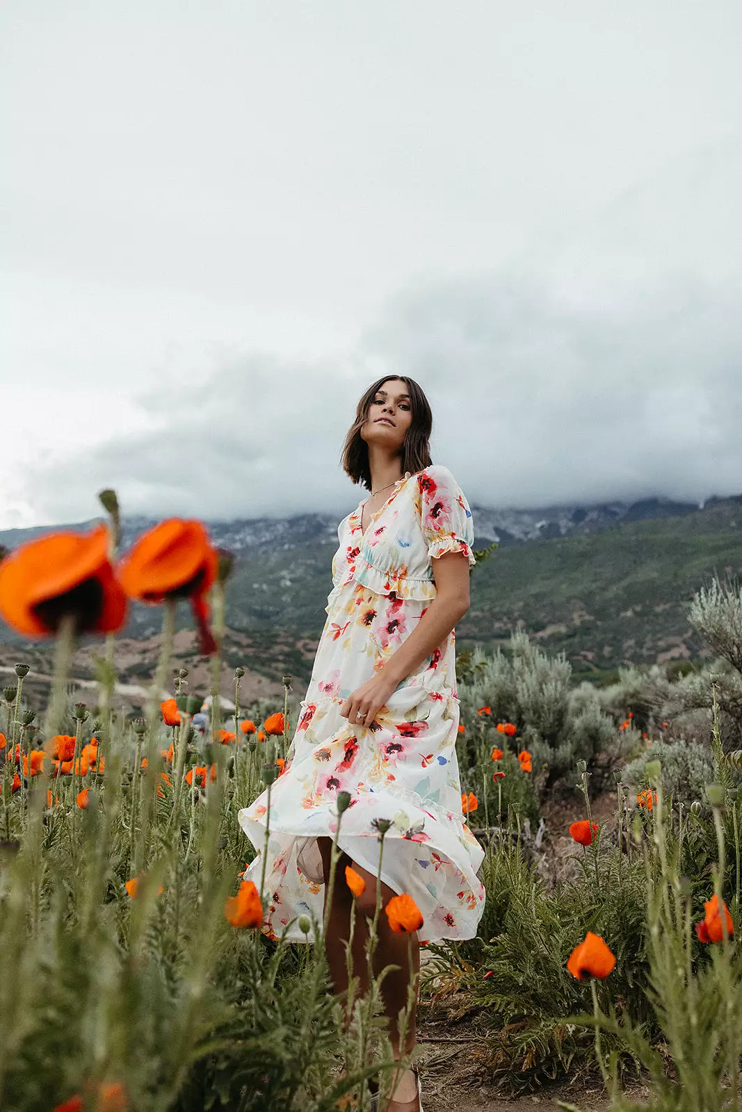 The Brom Floral Ruffle Dress in Ivory