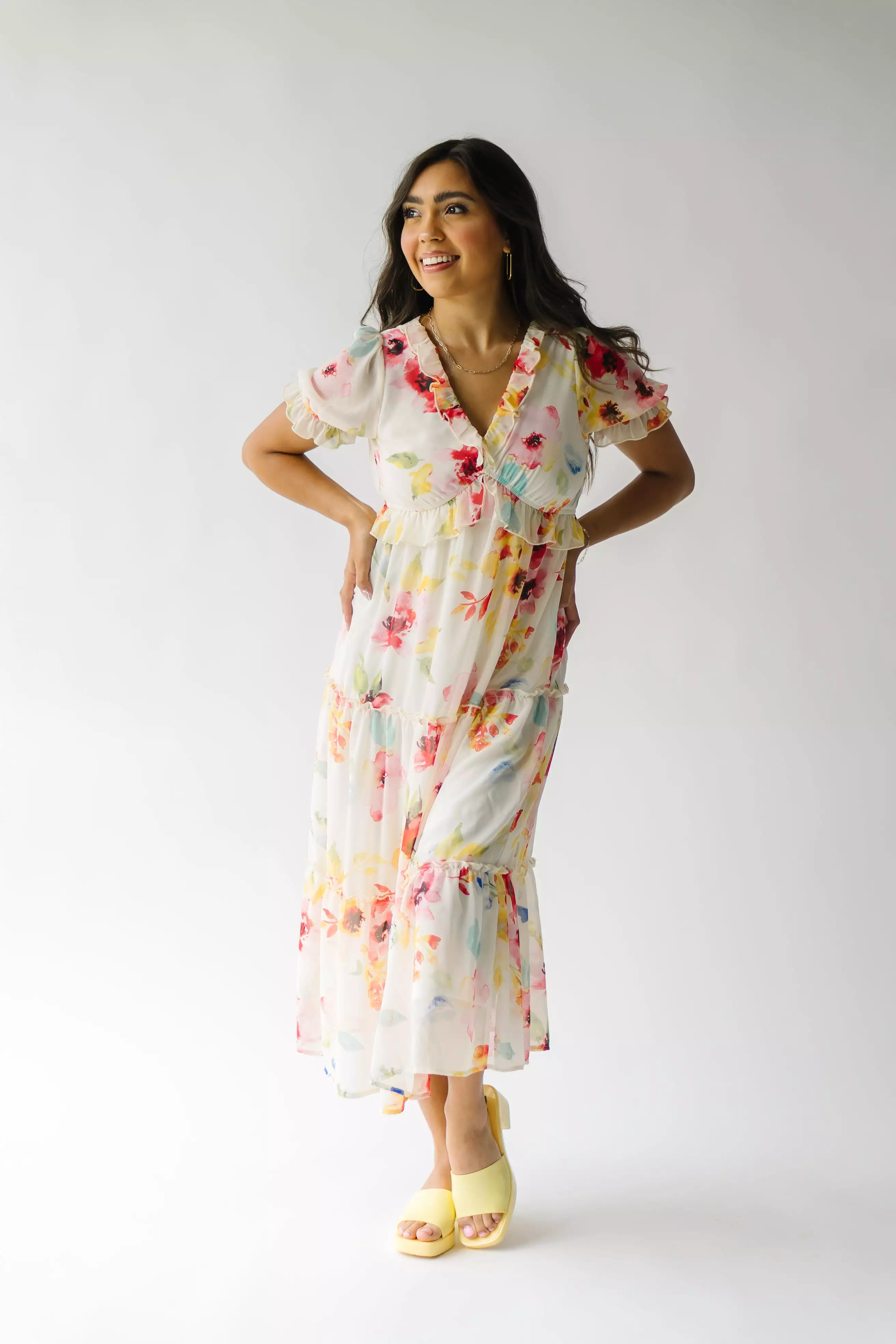 The Brom Floral Ruffle Dress in Ivory