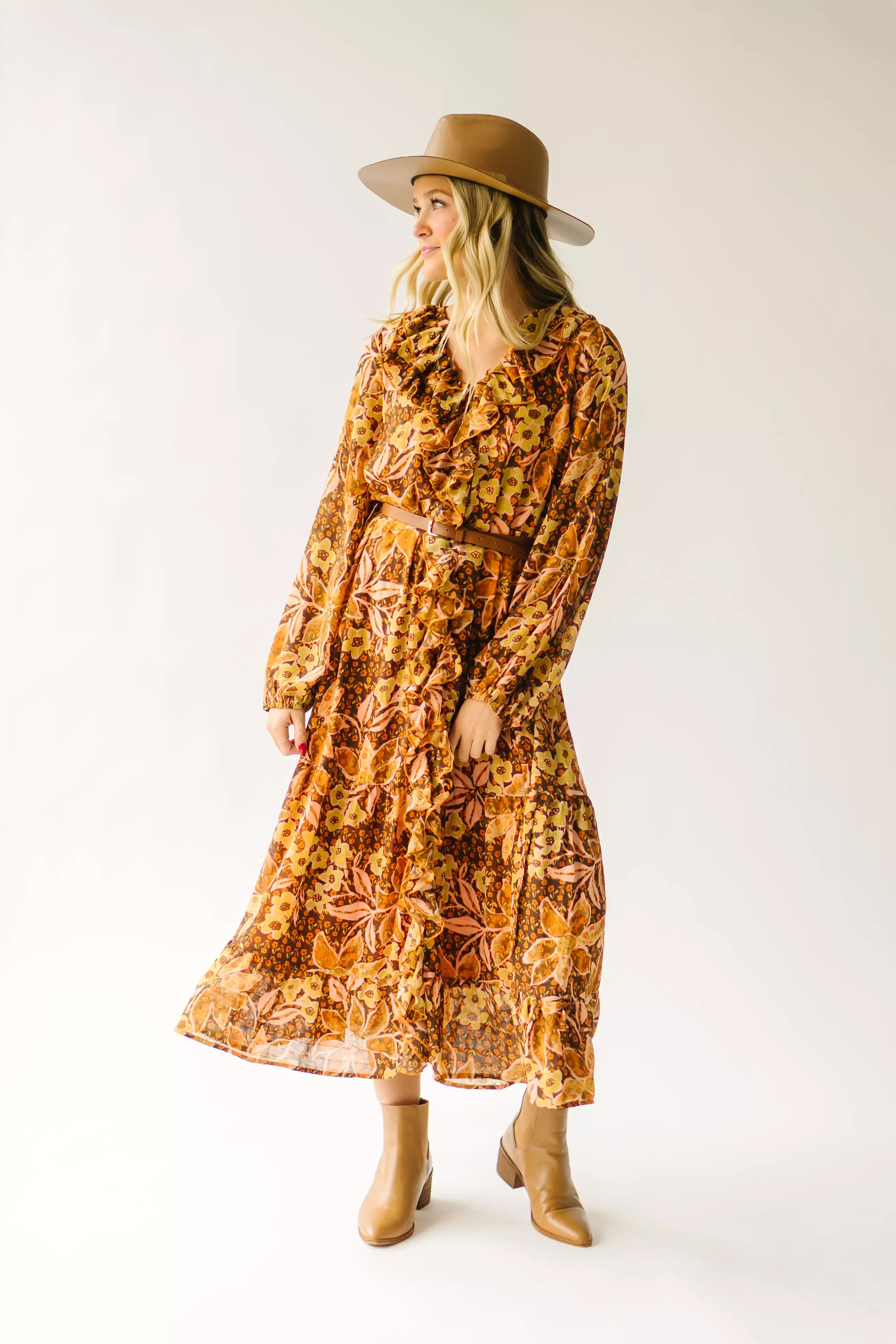 The Brunatti V-Neck Ruffle Dress in Apricot Floral