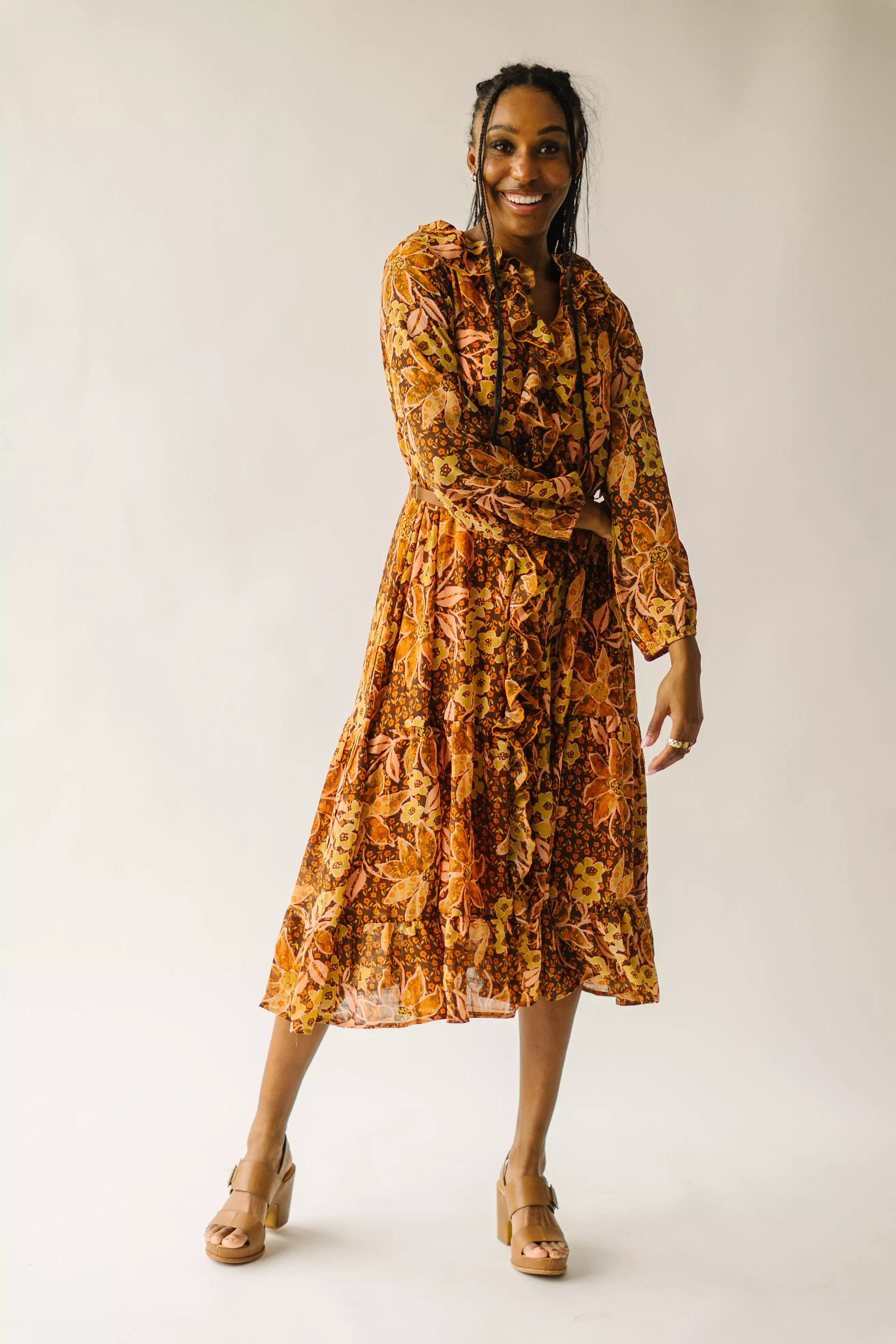 The Brunatti V-Neck Ruffle Dress in Apricot Floral