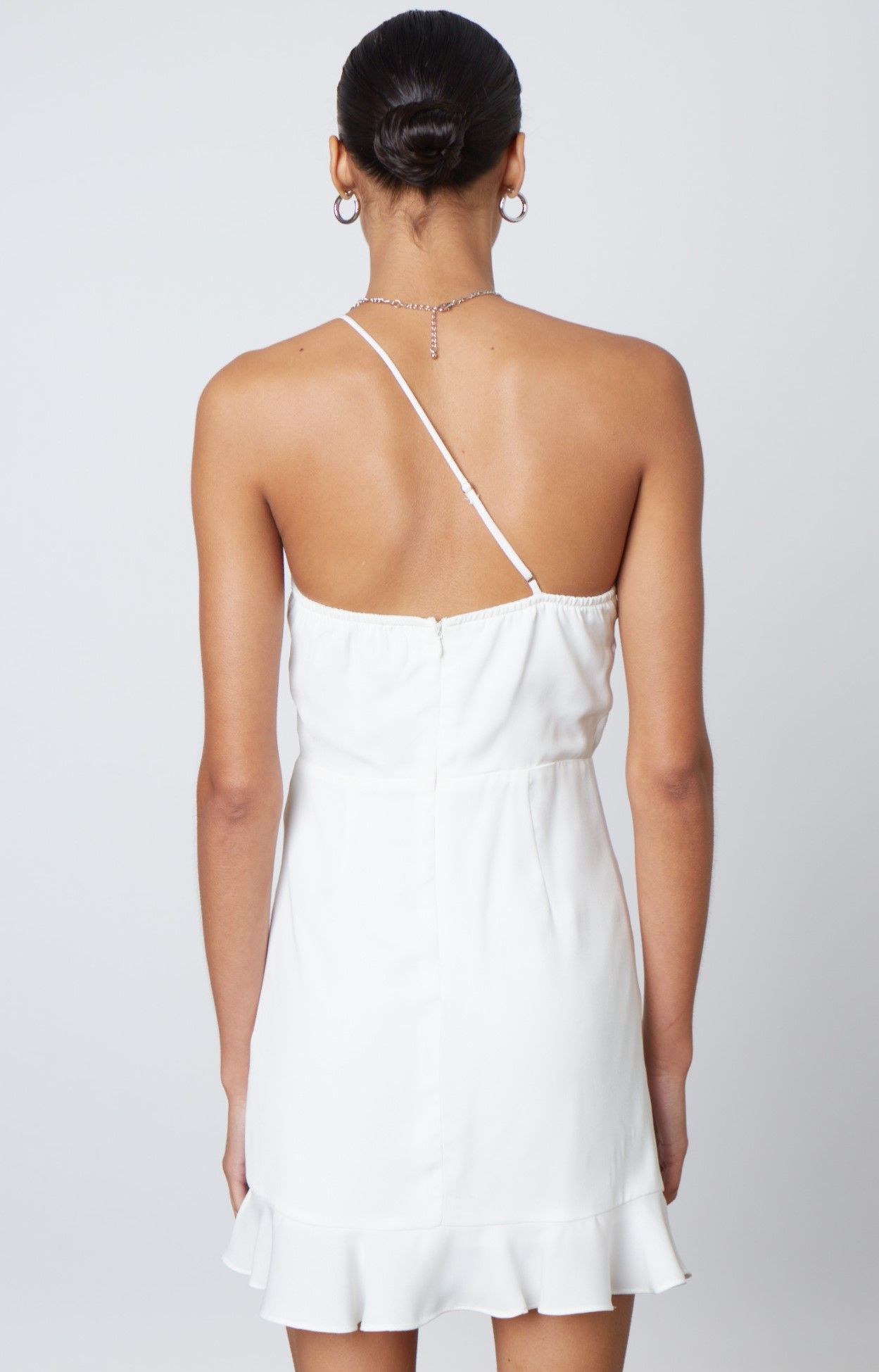 White one shoulder ruched ruffle dress