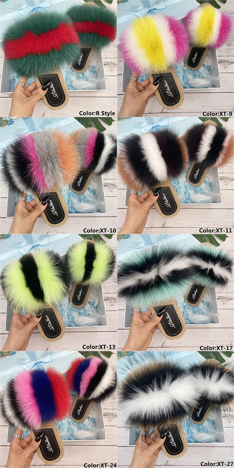 Women's Natural Fox Real Fur Synthetic Straw Flat Flip Flops Sandals